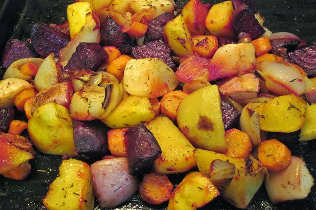 Root vegetables like potatoes, sweet potato, carrots, and beets are popular choices for roasting.