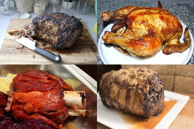 Chicken, Beef, Pork, and Lamb are all popular choices for roasting.