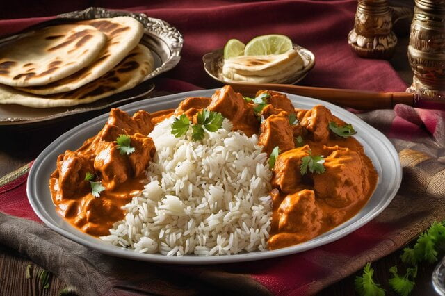 Plated butter chicken with rice and naan bread