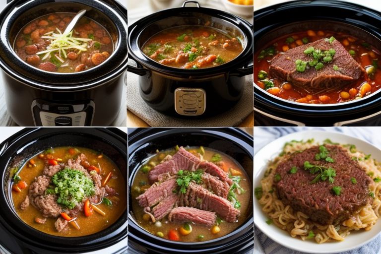 Corned beef silverside cooking in slow cooker, pressure cooker and on stovetop