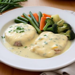 Plated crayfish mornay and steamed vegetables