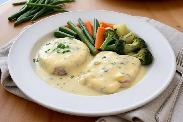 Plated crayfish mornay and steamed vegetables