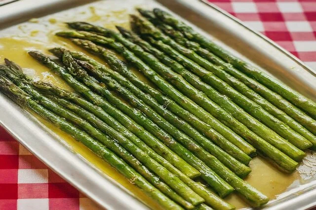 Tray of sauteed asparagus