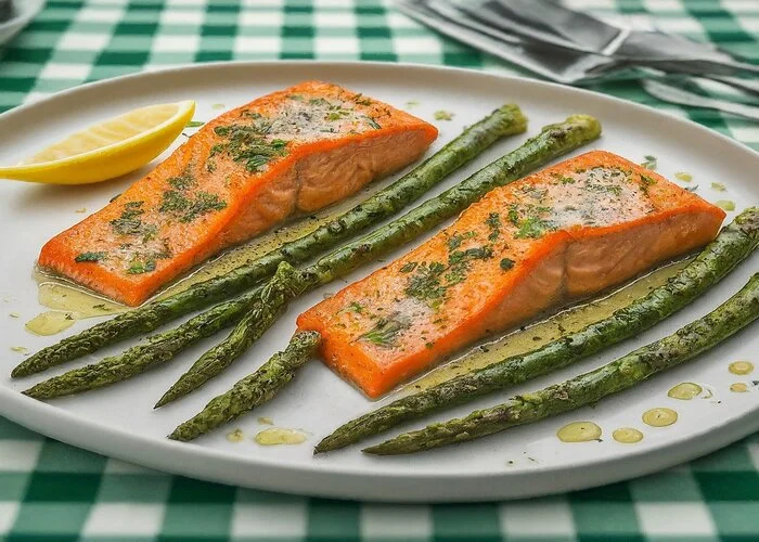 Plated baked salmon with roasted asparagus