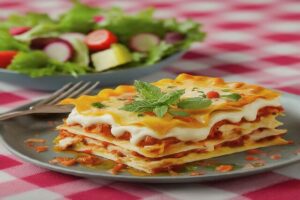 Plated chicken lasagna with summer salad