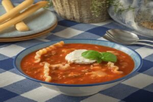 Lasagna soup bowl with breadsticks