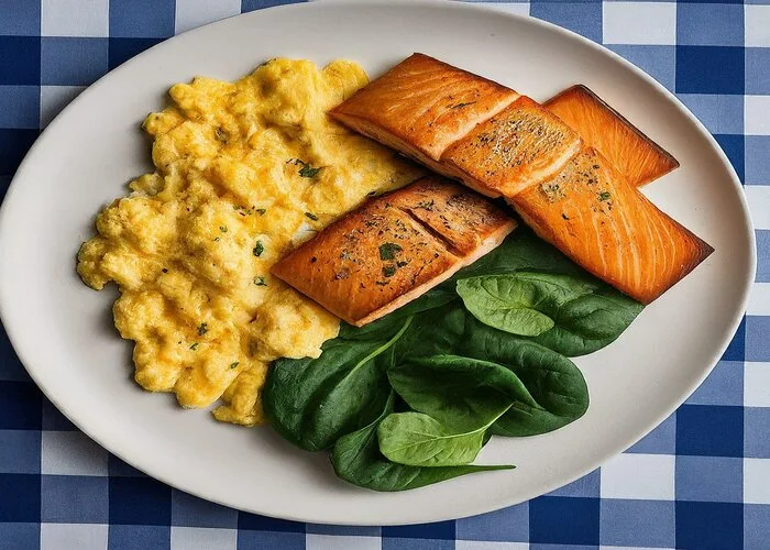 plated salmon and egg with spinach