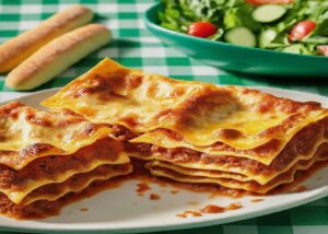 Traditional lasagna plated with salad and breadsticks