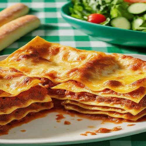 Traditional lasagna plated with salad and breadsticks
