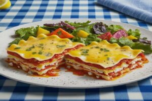 plated vegan lasagne and salad