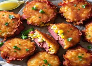 Plated corned beef and corn fritters