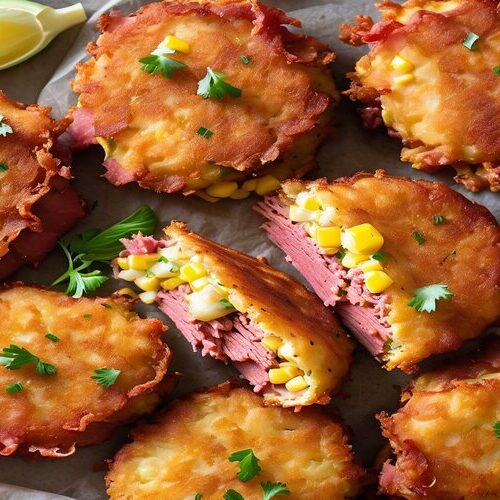 Plated corned beef and corn fritters