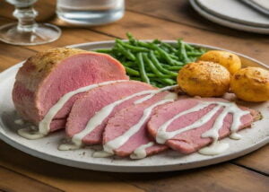 oven cooked corned silverside plated with white sauce