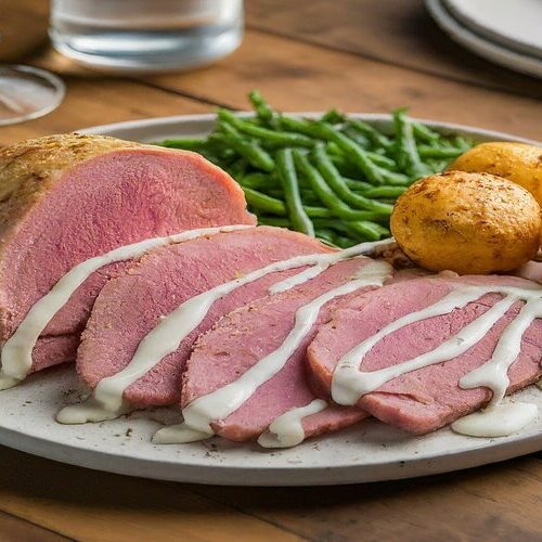 oven cooked corned silverside plated with white sauce